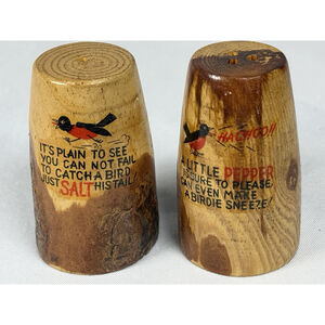 Vintage Japan Wooden Salt Pepper Shaker Set Bird Rhymes Folk Art Rustic 3” Tall